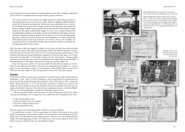 A spread from "Heinrich Himmler" by Schiffer Publishing, Ltd. shows text on the left page and black-and-white historical photos and documents—portraits, official papers, and Waffen-SS soldiers of Army Group Vistula—on the right.
