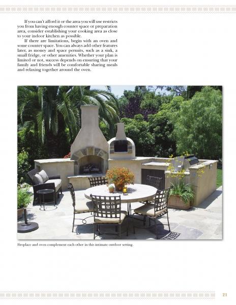 Relax or dine in a cozy patio with a stone fireplace and wood-fired oven, surrounded by greenery—perfect for testing gourmet recipes from The Ultimate Wood-Fired Oven Book by Schiffer Publishing, Ltd. Metal chairs and table complete the inviting scene.