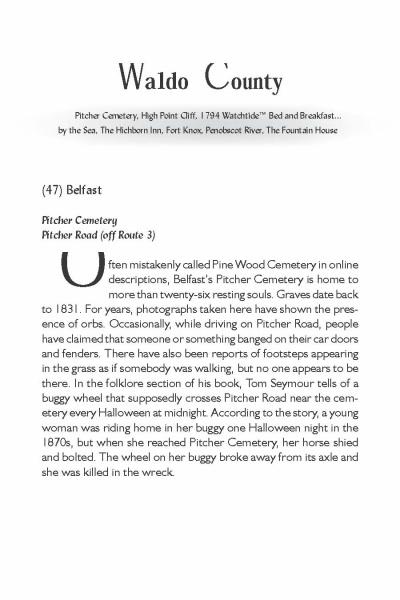 A page from Schiffer Publishing, Ltd.'s "Ghosts of Maine" spotlights Belfast's paranormal sites, including Pitcher Cemetery and Pitcher Road, famed for ghost sightings, mysterious orbs, and the legend of a fatal runaway buggy.