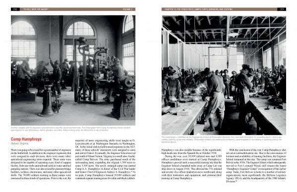 Two black-and-white photos from "To Hell with the Kaiser, Vol. II" by Schiffer Publishing, Ltd. show Doughboys at work in spacious military workshops; captions and text appear below and beside the images.