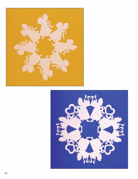 Creating Snowflake Art by Schiffer Publishing, Ltd. features two square decorative snowflakes: one on gold with angel shapes, and one on blue with symmetrical angels, hearts, and animals—charming examples of papercut art.