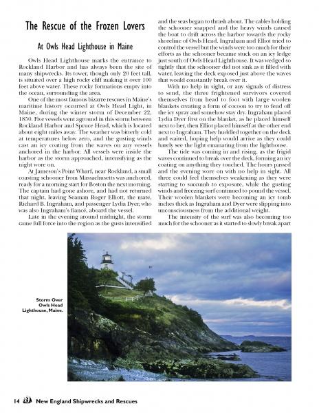 The page from Schiffer Publishing, Ltd.'s "New England Lighthouses" shows a lighthouse atop a rocky hill by the ocean, with waves below and text about the Owls Head Lighthouse rescue in Maine.