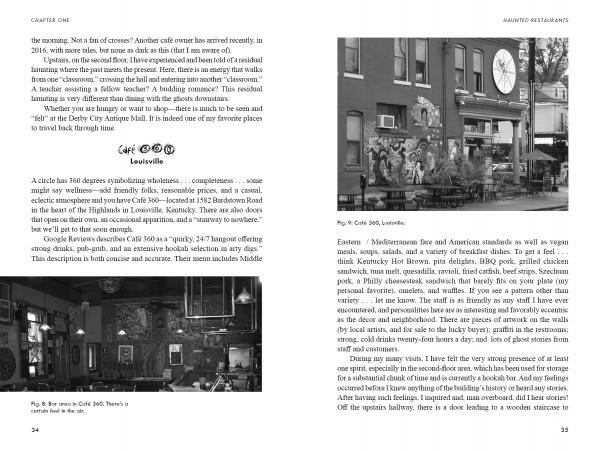 A black and white book spread from Schiffer Publishing, Ltd.'s "Kentucky Haunts" features text on Louisville restaurants, with photos of a cozy interior and a mural-covered exterior—some said to be among Kentucky's most haunted spots.