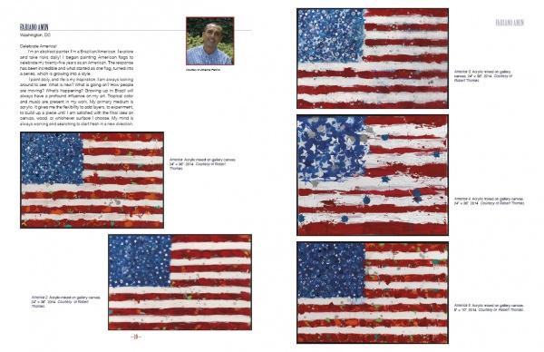 A magazine spread showcases “Stars & Stripes” by Schiffer Publishing, Ltd., with an artist profile, portrait, and five textured American flag artworks. Captions highlight American pride and the use of patriotic symbols in each piece.