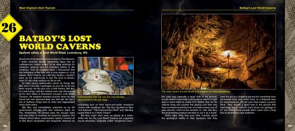 A magazine spread from Schiffer Publishing, Ltd.’s "West Virginia's Dark Tourism" features text and a helmet photo on the left, with a large right-side image of explorers in an illuminated underground cave among eerie rock formations.