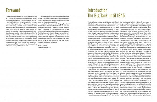 Two pages from "Kampfpanzer Maus" by Schiffer Publishing, Ltd.: the left shows a foreword, while the right features an introduction on German battle tank and vehicle history up to 1945 in dense, justified text blocks.