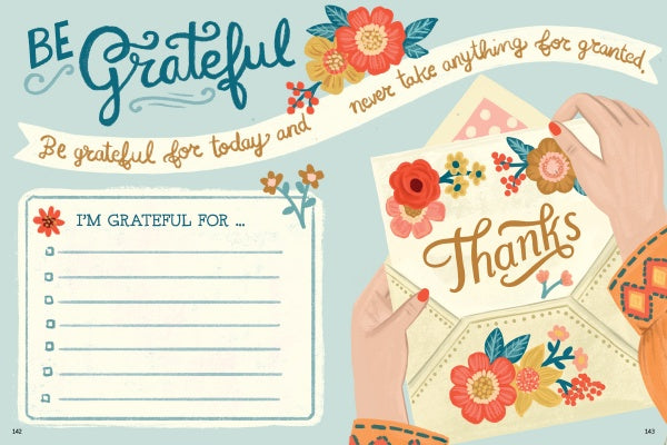 The Better Day Book by Schiffer Publishing, Ltd. features an illustration with "Be Grateful," showing a person holding a "Thanks" envelope and flowers, plus a mindful self-care section to list things you're grateful for.