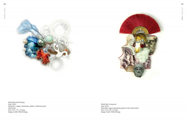 Two abstract mixed-media art pieces from "Chinese Contemporary Jewelry Design" by Schiffer Publishing, Ltd. are shown: the left collage has blue tassels, pearls, coral, and plastic; the right features a red fan, sculpted faces, and a shell.