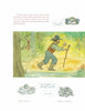 A watercolor from Captain John Smith's Big and Beautiful Bay (Schiffer Publishing, Ltd.) shows him walking in a forest with a stick, a squirrel in a tree, and Chesapeake Bay creatures like blue crabs, clams, and oysters labeled with speech bubbles.