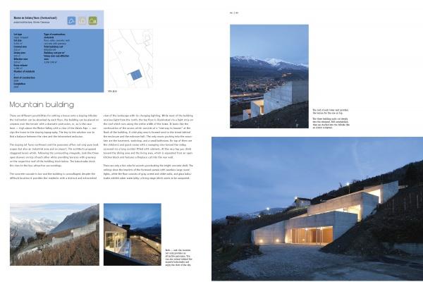 Discover architectural inspiration in Schiffer Publishing, Ltd.'s "Contemporary Home Design," featuring a modern mountainside concrete building at dusk, project details, and a location map—ideal for fans of innovative home design.
