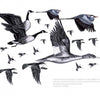 Inspired by wildlife art, "The Birds We Live With" by Schiffer Publishing, Ltd. features black and white illustrations of geese, herons, and ducks in mid-flight, with overlapping birds and detailed linework plus text at the bottom right.