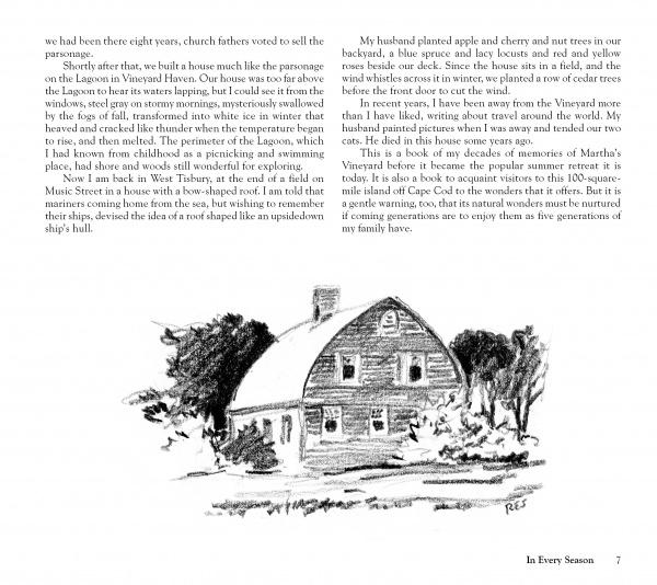 A black-and-white house sketch with a sloped roof, central door, and leafy surroundings appears below text on a book page in "In Every Season" by Schiffer Publishing, Ltd., evoking classic Martha’s Vineyard charm.