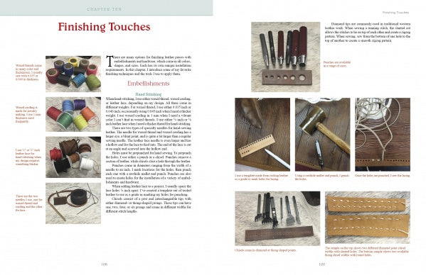 Two pages from "Quilted Leather" by Schiffer Publishing, Ltd. feature photos of thread spools, needles, awls, and hammers alongside step-by-step guides on leather stitches and sewing machine techniques for beautiful leatherwork.