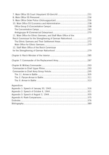 Table of contents for "Heinrich Himmler" by Schiffer Publishing, Ltd. lists SS offices, Waffen-SS arms, concentration camps, ethnic policies, German police, Himmler, and military command, covering pages 231–389.