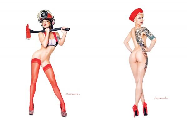 Channeling Robert Alvarado’s style, “Alvarado’s Pin-up Nudes, 2nd Edition” by Schiffer Publishing, Ltd. features women in classic pin-up poses—lingerie, heels, a firefighter helmet, red stockings, axe, back tattoo, and beret.