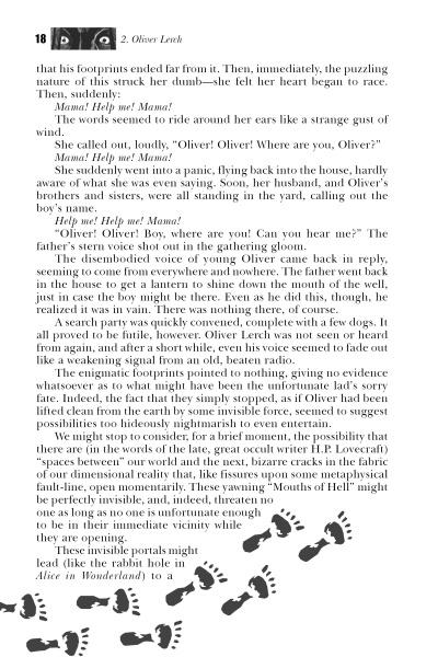 A page from "Indiana Ghost Folklore" by Schiffer Publishing, Ltd., features black footprints crossing diagonally—evoking the mystery of Hoosier paranormal legends as if a spirit stepped across the story.