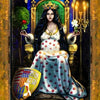 An illustrated card from The Illuminati Tarot by Schiffer Publishing, Ltd. features the Empress—crowned, in a white gown with red dots on a golden throne—holding a rose and scepter amid candles, greenery, and mystical symbols.