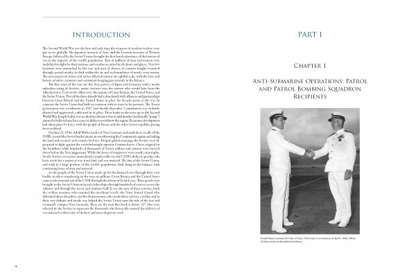 In Blue Seas, Red Stars by Schiffer Publishing, Ltd., the left page gives an introduction, while the right page opens Part I, Chapter 1 with a black-and-white photo of two WWII US Navy officers in white uniforms shaking hands.