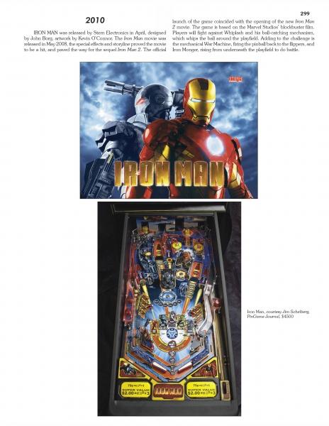 A page from The Pinball Compendium by Schiffer Publishing, Ltd. shows a promo image of Iron Man and War Machine above an Iron Man pinball playfield, with text on the left about Iron Man’s release and the game's history in pinball.