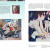 A magazine spread from Schiffer Publishing, Ltd.’s *Art Quilts Unfolding* features two pages with text and two quilt artworks: a family in a motorcycle sidecar on the left and a vibrant floral-themed portrait of women on the right.