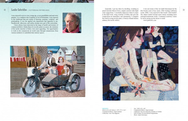 A magazine spread from Schiffer Publishing, Ltd.’s *Art Quilts Unfolding* features two pages with text and two quilt artworks: a family in a motorcycle sidecar on the left and a vibrant floral-themed portrait of women on the right.