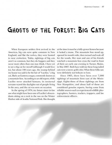 A magazine page titled New England Graveside Tales from Schiffer Publishing, Ltd. features stories of big cats in America, with a shadowy paw print hinting at haunted legends and cryptid mysteries from New England.