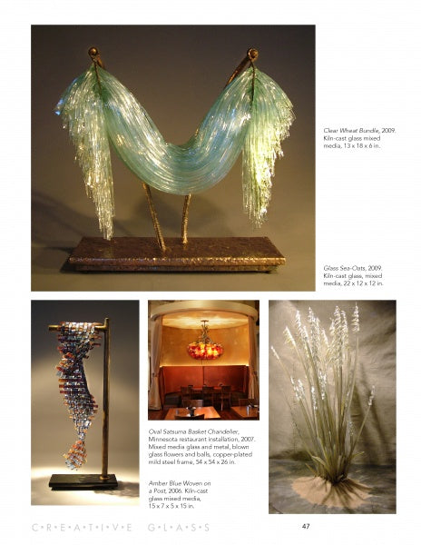 A collage highlights works from "Creative Glass" by Schiffer Publishing, Ltd.: a green and clear glass bundle, a blue woven piece, a glass grass installation, and glass lights above a restaurant booth, each labeled with text.