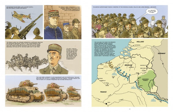 Knights of the Skull, Vol. 1 by Schiffer Publishing, Ltd. features a WWII graphic non-fiction page with illustrated soldiers, tanks, planes, German Panzer units, and a detailed map showing Blitzkrieg battles across France, Belgium, and England.