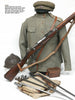 The book "Bayonets of the First World War" by Schiffer Publishing, Ltd. showcases bayonets ideal for identification, alongside a Russian infantry uniform, Mosin-Nagant rifle, cap, shirt, ammunition pouch, and helmet on a white background.