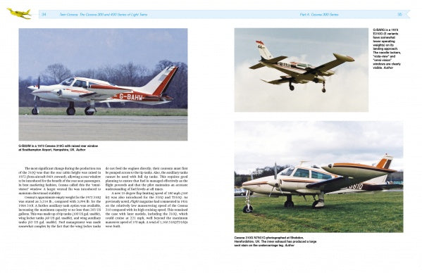 A page from Schiffer Publishing, Ltd.'s "Twin Cessna" features three photos of the Cessna 303—taxiing, flying, and parked on grass—accompanied by text and captions with details about the aircraft.