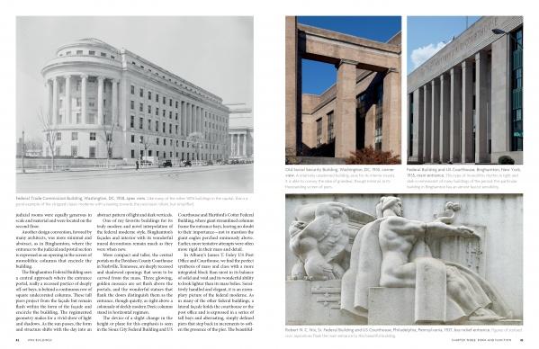 A two-page spread from WPA Buildings by Schiffer Publishing, Ltd. features text and four images showcasing neoclassical, Art Deco, and WPA Moderne government buildings in Washington, D.C. and Harrisburg, PA.