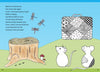 Two mice by a tree stump with mushrooms admire an animal-patterned suitcase, while four dragonflies flutter above under a blue sky. Left-aligned text and green hills complete this delightful Zendoodle for Children scene by Schiffer Publishing, Ltd.