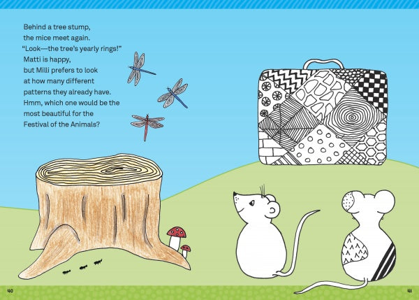 Two mice by a tree stump with mushrooms admire an animal-patterned suitcase, while four dragonflies flutter above under a blue sky. Left-aligned text and green hills complete this delightful Zendoodle for Children scene by Schiffer Publishing, Ltd.