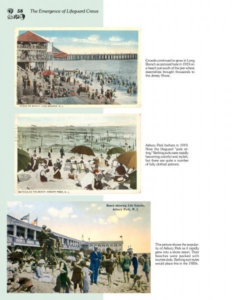 A collage of beachgoers evokes New Jersey lifeguard history, as featured in "Lifeguards of the Jersey Shore" by Schiffer Publishing, Ltd., highlighting the legacy of beach patrols along the shoreline.
