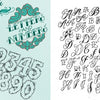 Tattoo Lettering & Banners by Schiffer Publishing, Ltd. features a page with bold, outlined numbers 1–9 and “Chapter ONE” in ornate banner lettering on the left, and the alphabet in a flowing tattoo script on the right.