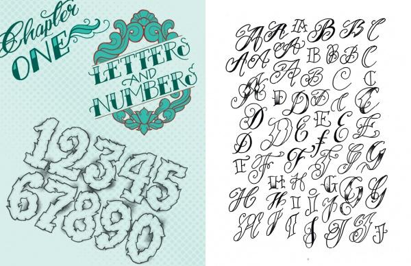 Tattoo Lettering & Banners by Schiffer Publishing, Ltd. features a page with bold, outlined numbers 1–9 and “Chapter ONE” in ornate banner lettering on the left, and the alphabet in a flowing tattoo script on the right.