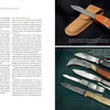 A two-page spread in The Big Book of Knives by Schiffer Publishing, Ltd. shows info on folding knife types with color photos of six models—including a Swiss Army knife and classic German pocket knives—on the right.