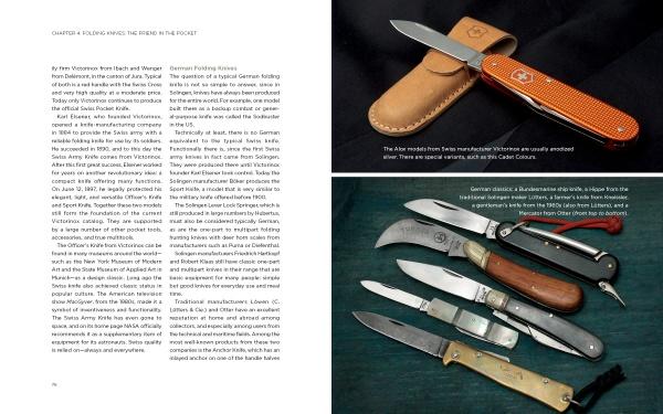 A two-page spread in The Big Book of Knives by Schiffer Publishing, Ltd. shows info on folding knife types with color photos of six models—including a Swiss Army knife and classic German pocket knives—on the right.