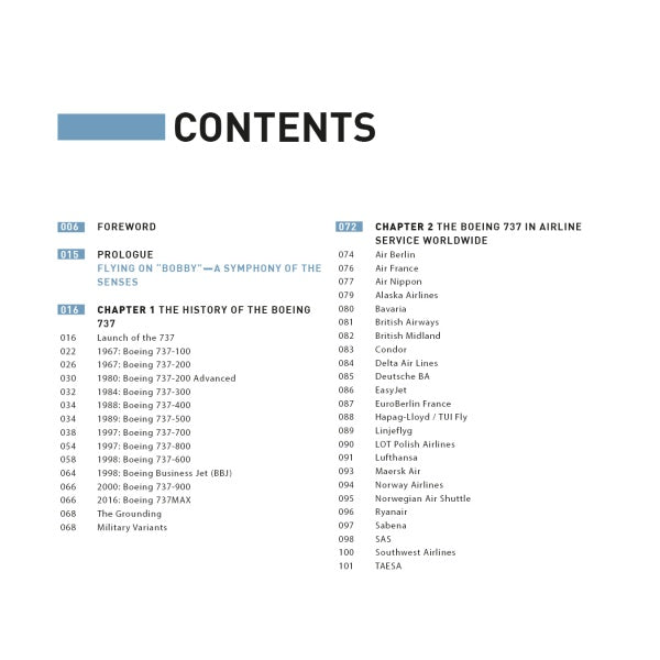 Table of contents for "Boeing 737" by Schiffer Publishing, Ltd., listing foreword, prologue, history, variants, airline usage, and page numbers.