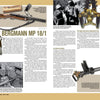 A magazine spread from Schiffer Publishing, Ltd.’s "German Submachine Guns, 1918–1945" showcases the Bergmann MP 18/1 with historic soldier photos, gun close-ups, technical diagrams, and detailed captions.