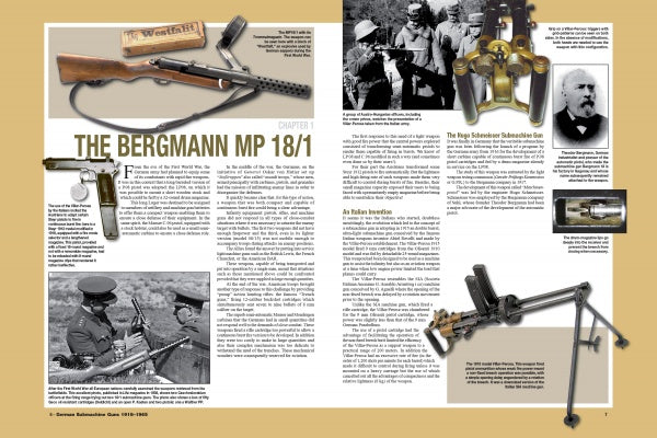 A magazine spread from Schiffer Publishing, Ltd.’s "German Submachine Guns, 1918–1945" showcases the Bergmann MP 18/1 with historic soldier photos, gun close-ups, technical diagrams, and detailed captions.