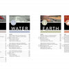 The "Painting the Elements" table of contents from Schiffer Publishing, Ltd. features four sections—Air, Water, Earth, and Fire—with chapter titles, page numbers, themed backgrounds, element icons, and tips for atmospheric art inspired by each element.