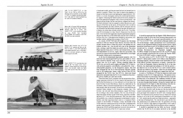 A spread from Schiffer Publishing, Ltd.’s Tupolev Tu‑144 shows three black-and-white photos of the supersonic jet with captions on the left page, and two columns of detailed text about supersonic commercial aviation on the right.