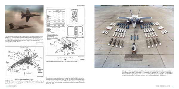 Legacy Hornets by Schiffer Publishing, Ltd. features a US Navy F/A-18 jet on a runway with missiles and equipment, plus detailed diagrams and an illustrated history displayed on the left page.