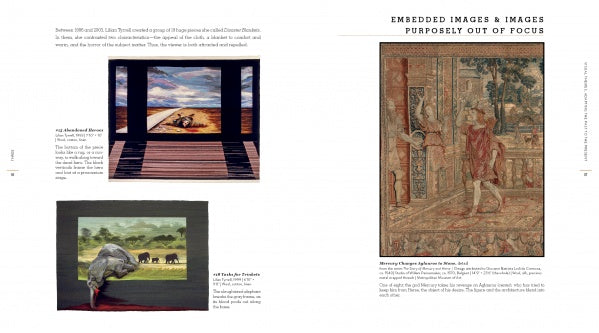 A spread from "The Art Is the Cloth" by Schiffer Publishing, Ltd. shows three paintings—a buffalo and a landscape—on the left page, plus a faded tapestry weaving on the right, with text under “Embedded Images & Images Purposely Out of Focus.”.