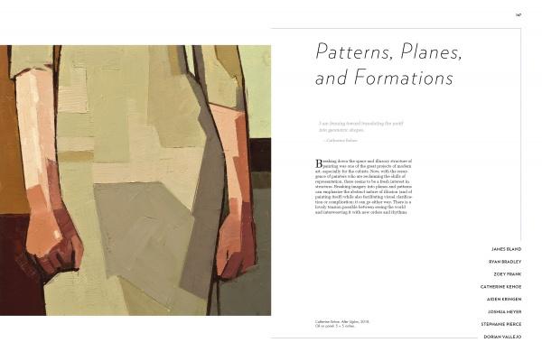 A cropped painting shows the lower half of a person in muted, geometric clothes. On the right, text reads "Disrupted Realism" by Schiffer Publishing, Ltd., highlighting contemporary artists in figurative painting below.