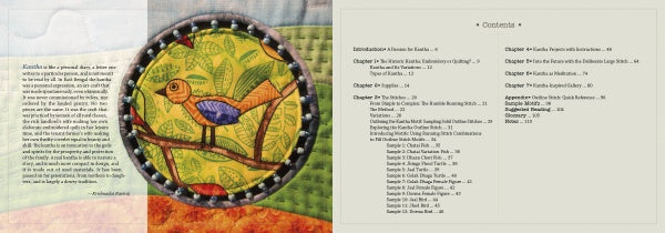 On the left, a detailed Kantha-embroidered bird decorates the "Inspiration Kantha" book by Schiffer Publishing, Ltd.; on the right, a table of contents displays the book's sections and chapters.