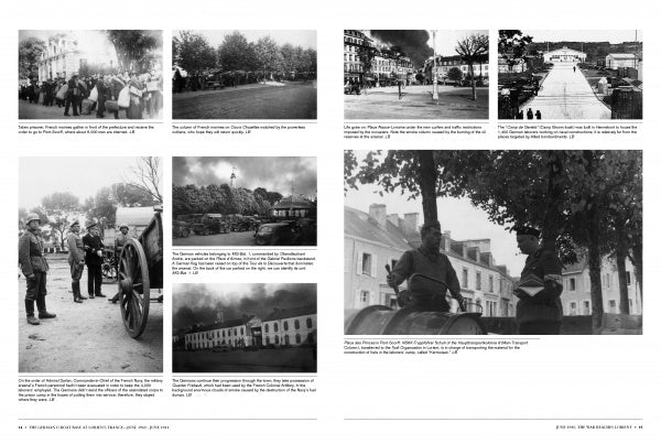 A black-and-white photo spread from Schiffer Publishing, Ltd.'s "The German U-Boat Base at Lorient, France, Vol.1" showcases soldiers, officers, cannons, historic buildings, and highlights World War II German navy and U-boats at Lorient.