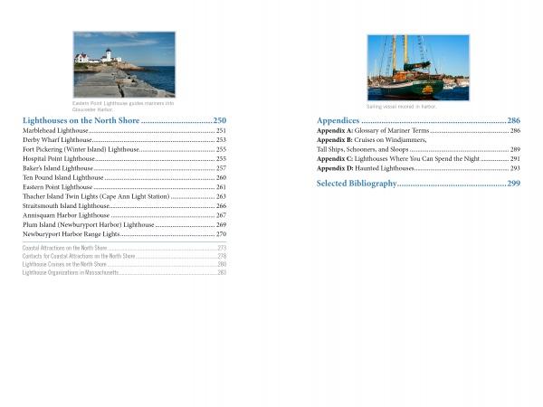 Two pages from Schiffer Publishing, Ltd.'s "Lighthouses and Coastal Attractions of Southern New England": the left lists North Shore and southern New England lighthouses under a photo of Eastern Point Light; the right shows appendices, bibliography, and a sailboat photo.
