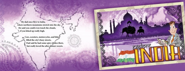 The "My Father Flies" spread by Schiffer Publishing, Ltd. shows a map of India and a postcard with the Taj Mahal, Indian flag, and a cartoon boy beside text about adventure through mountains, scooters, spicy food, and world geography.